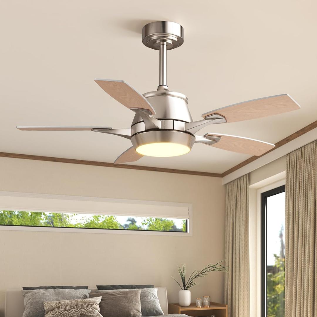 42" Ceiling Fan with Light, Modern Low Profile Ceiling Fan with Light, DC Reversible Motor, Smart APP & Remote Control, Whisper Quiet, Dimmable LED for Bedroom/Living Room (Nickel)