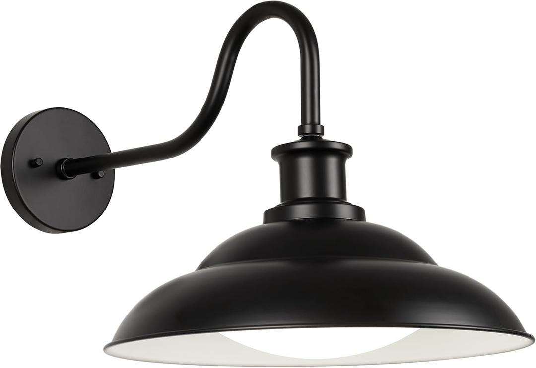 Dusk to Dawn Outdoor LED Barn Light, 16 Inch Large Farmhouse Gooseneck Exterior Wall Light Fixture with Adjustable Color Temperature, Modern Black White Porch Light Outside for House Garage Doorway