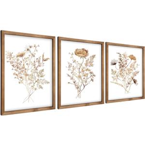 pechpell 3 Piece Wooden Floral Wall Art, 15.7x11.8 Inch Framed Flower Prints Pictures Wall Decor, Nursery Living Room Bedroom Rustic Farmhouse Decorations for Home