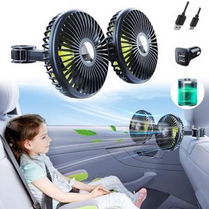 Battery Fan for Car Backseat - Rechargeable Car Fan for Backseat Kids Dogs [Comes with Car Charger&USB C Cable] 360 Rotatable Separate Control Car Fans That Blow Cold Air for Vehicles SUV RV
