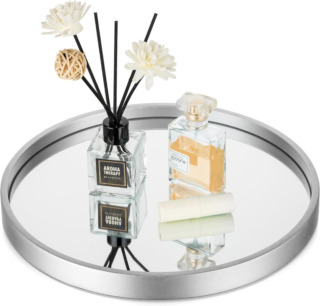 Hanobe Mirror Bathroom Vanity Tray: Sliver Perfume Organizer Decorative Round Trays for Makeup Jewelry Dresser Holder for Women - Entry Way Table Counter Decor 12' (11.8")