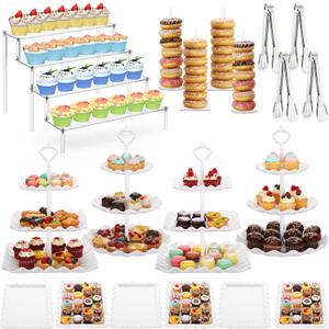LemonRoad 19 Pcs Cupcake Stand Holder, Dessert Table Display Set, Tiered Cupcake Holders Cake Serving Tray and Cake Clips for Christmas Tea Party Wedding Baby Shower Decorations(White and White)