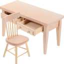 Wooden Dollhouse Furniture: Dolls Table & Chair Furniture Set Living Room Miniature Desk Chair for Mini House Accessories
