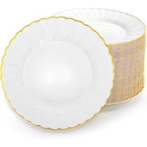 Coloch 50 Pack Gold Plastic Plates, 6 Inch White with Gold Rim Round Disposable Appetizer Dessert Plates for Wedding, Buffet, Party, Catering