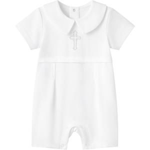 pureborn Unisex Baby Jumpsuit Infant Boys Girls Cotton Spring Fall Romper One-Piece Coverall Baptism Outfit White 0-24 Months (White-silver Cross)