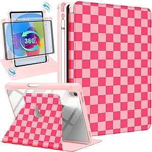 for iPad A16 Case - for iPad 10th Generation Case 10.9 Inch Women Girls Cute Girly Teens Kids Pretty Checkered Unique Aesthetic Rotating Stand Folio Tablet Cover for Apple 10/11 2025