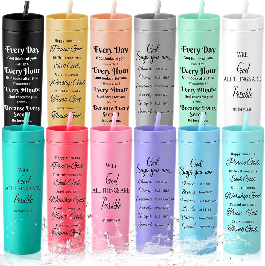 Yaomiao 12 Pcs Christian Tumbler Teacher Appreciation Gift Bulk, Bible Verse Skinny Tumbler Religious Acrylic 16 oz Mug with Lid and Straw Christian Gift for Mother's Day Men Women Employee Church, 2.5 X 7.7 Inches , 10.2 Inches