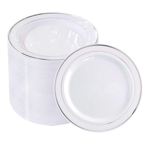 bUCLA 100Pieces Silver Plastic Plates - 6.25inch White with Silver Rim Disposable Salad/Dessert/Appetizer/Small Cake Plates for Weddings, Parties&Gathering