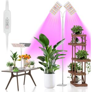 KINGPLUS Grow Lights with Base, Double Head, Full Spectrum LED Grow Light for Indoor Plants, 240 Leds, 4 Dimmable Levels, Timer 4/8/12h, 12-60inches Height Adjustable, 36w, Ideal for Desk Small Plants