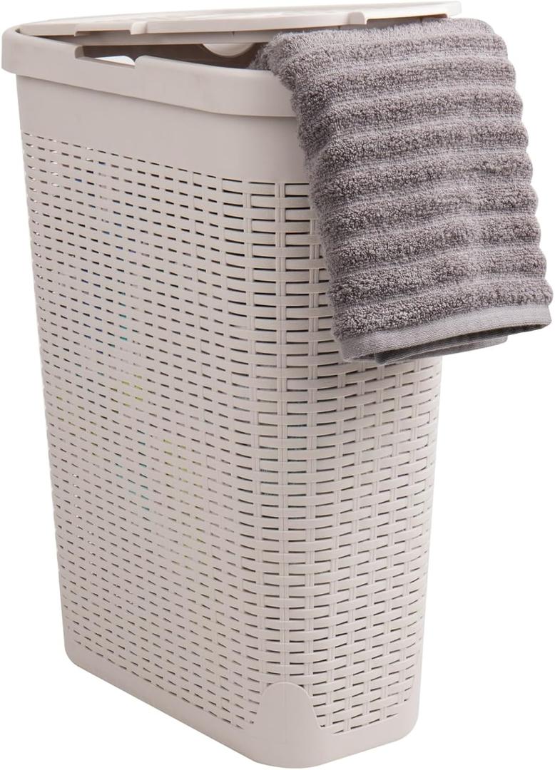 Mind Reader 40L Slim Laundry Hamper, Clothes Basket, Lid, Wicker Design, Plastic, 18"L x 10.4"W x 23.5"H, Ivory (Single, Ivory)