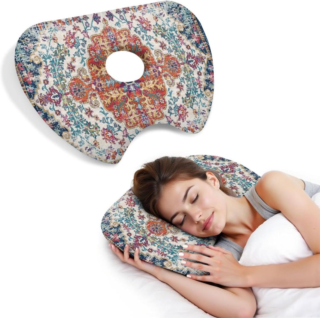 Ear Piercing Pillow for Side Sleepers Pillows with Holes for Ear Pain,Donut Pillow for Ear Side Sleeping Pillow for Adults CNH Ear Pain Relief Pressure Sores Ear Pillow with Hole in Center (17.5"x12.6", Boho-2)