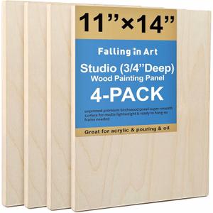 Falling in Art Unfinished Birch Wood Canvas Panels Kit, 4 Pack of 11x14'' Studio 3/4'' Deep Cradle Boards for Pouring Art, Crafts, Painting and More