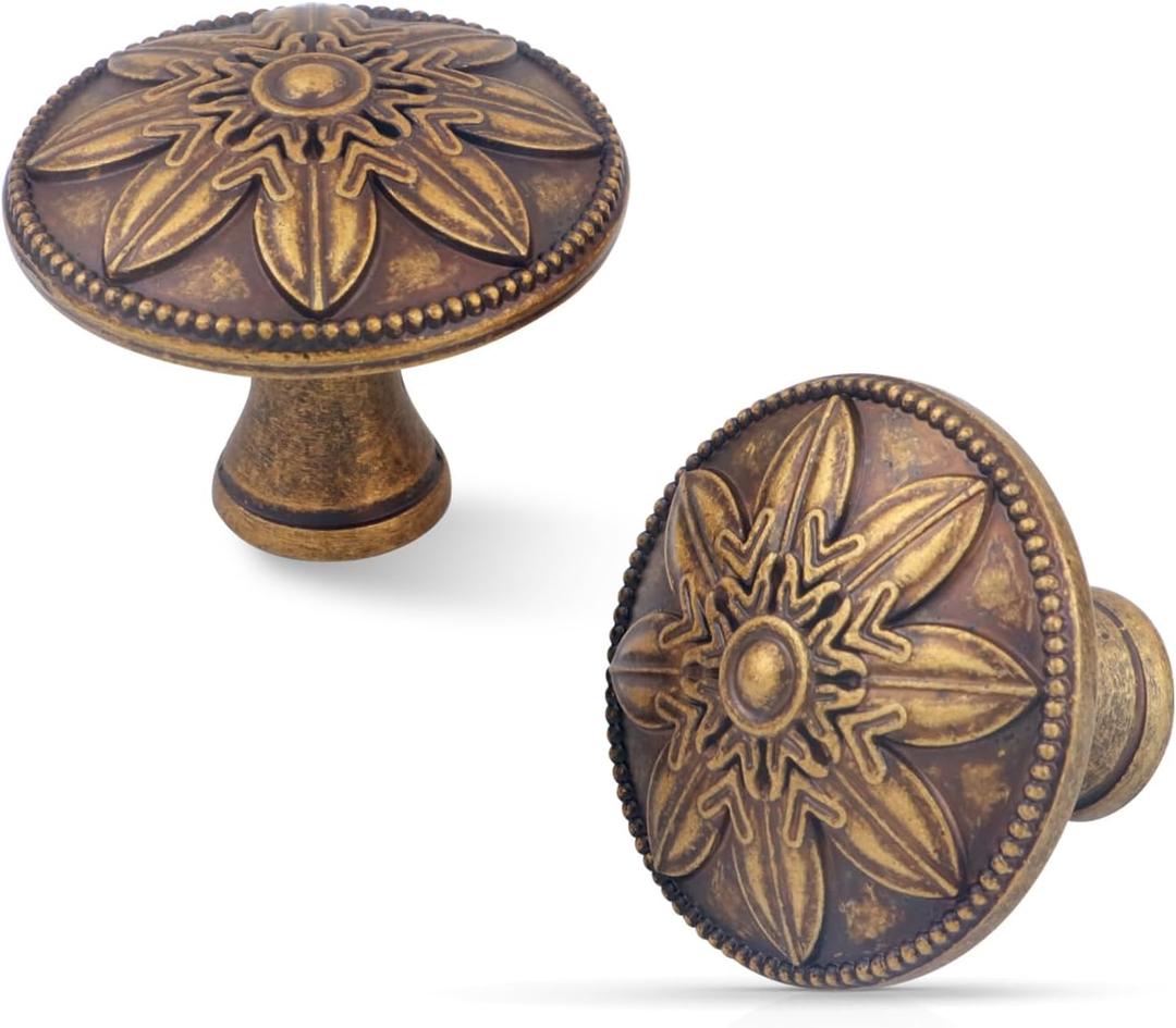 4 Pack Antique Brass Cabinet Knobs Vintage Dresser Knobs Drawer Knobs,1.4" Round Vintage Kitchen Cabinet Knobs Handles for Cabinets and Dresser Drawers Rustic