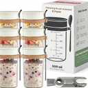 Overnight Oats Containers with Lids and Spoons (6 Pack) – 17oz Glass Jars for Yogurt, Chia Pudding & Meal Prep – Leakproof Airtight Mason Jar Set – Portable Breakfast Food Storage with Cleaning Brush