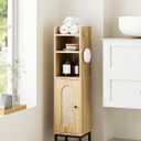 Bathroom Storage Cabinet, Small Corner Floor Hutch with 2Hooks,Narrow Toilet Paper Cabinet with Rattan Door,Bathroom Organizer with Adjustable Shelf, for Small Spaces,Oak