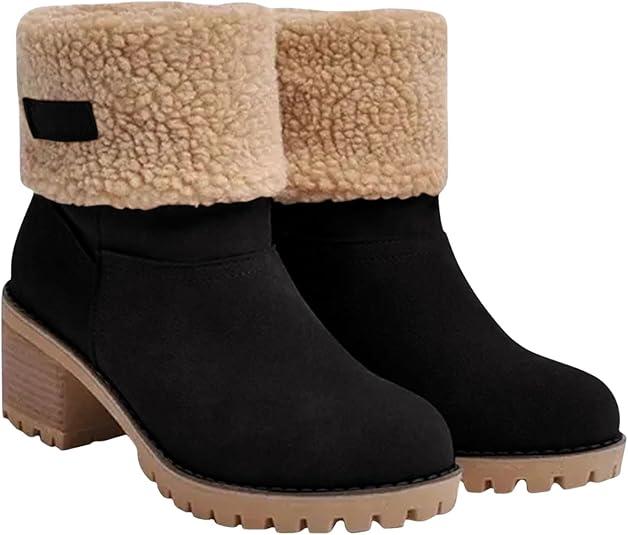 Snow Boots for Women Winter Boots Fur Lined Chunky Heel Slip on Warm Shoes for Women, Size 40