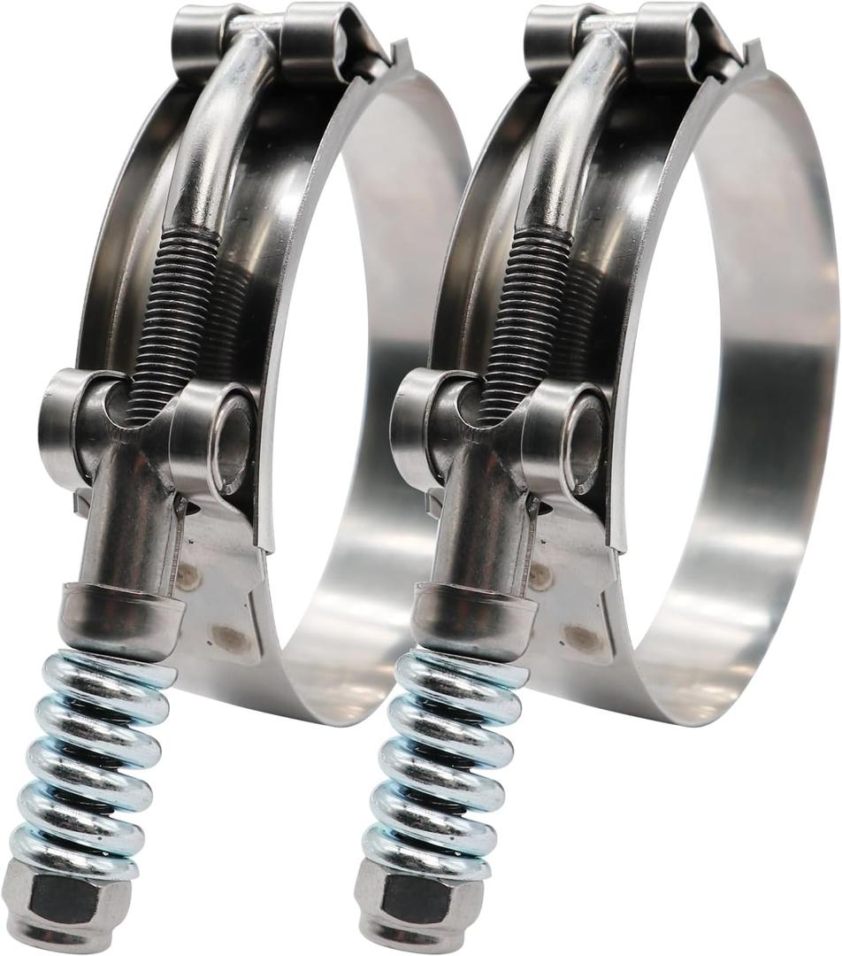 2.5-inch T Bolt Hose O.D. Clamp Stainless Steel - Spring Loaded Heavy Duty Hose Clamps 59mm - 67mm for 2.5" Hose O.D., Auto-adjusting helps Maintain Constant Tension and Tight Fit (59-67mm, 2 Pack)