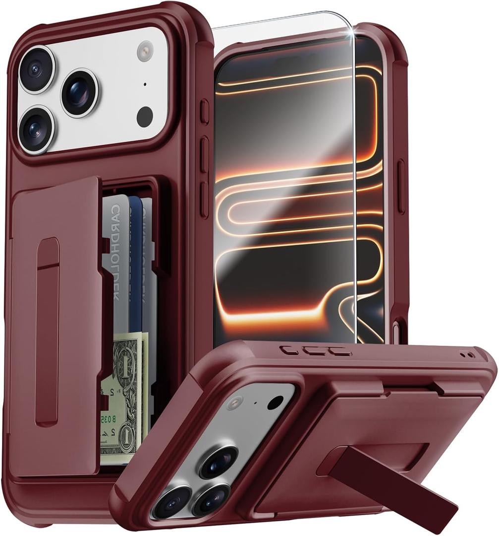Compatible with iPhone 17 Pro Max Wallet Case with Card Holder (3-5 Cards) | Built-in Screen Protector | Hinge Kickstand | RFID Blocking | Phone Cover Case for Apple 17 ProMax, Wine Red