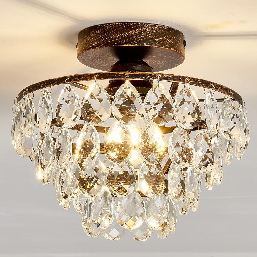 YYJLX Crystal Chandelier, Modern Semi Flush Mount Small Ceiling Light Oil Rubbed Bronze, Mini E26 Ceiling Lamp for Hallway Bedroom Bathroom Closet