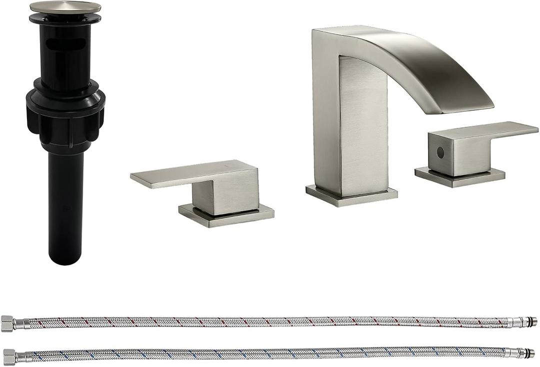 Brushed Nickel Bathroom Faucets for Sink 3 Hole Widespread Waterfall Basin Faucet with Pop-Up Drain Bathroom Lavatory Faucet Vanity Faucets (Brushed Nickel)
