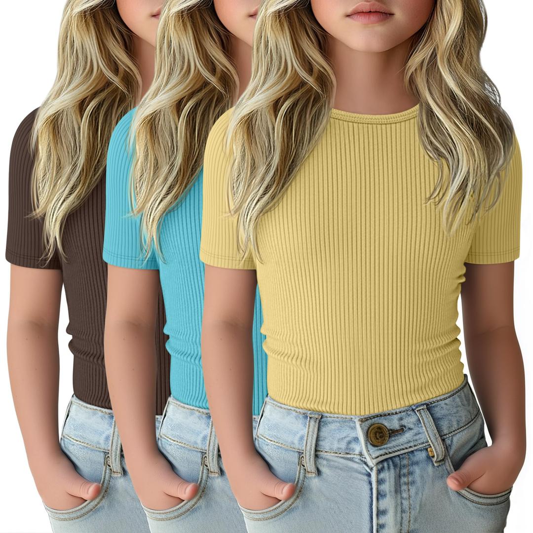 LessonZoo 3 Pack Girls Short Sleeve Slim Fit Tops, 3-Color Set, 11-12 Years