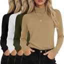 4 Pack Women's Turtleneck Cotton Long Sleeve Tops Casual Loose Fit Shirts Basic Tunic Trendy Undershirt Tee (Size XL, Black, White, Khaki, Army Green)
