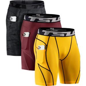TSLA Men's Athletic Compression Shorts, Active Cool Dry Sports Performance Running Tights with Pocket, Pocket 3pack Yellow&Black/ Maroon/ Urban Camo Black, X-Large