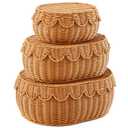 Juexica 3 Pcs Scalloped Basket with Lid Hand Woven Plastic Wicker Set 18 x 14 x 6 Inch Plastic Rattan Storage, Decorative Scalloped Edge Basket for Bread Picnic Table Bathroom Decor