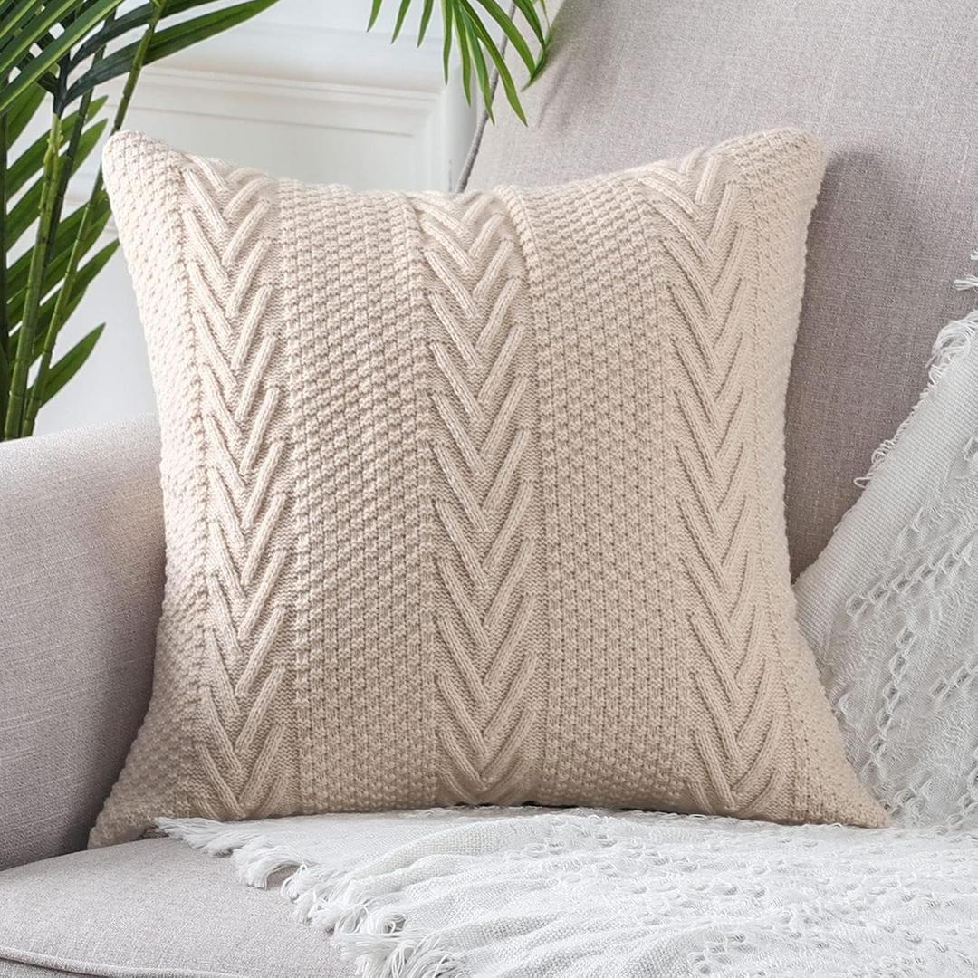 MANDIOO Cotton Knitted Decorative Throw Pillow Covers Soft Cozy Outdoor Cushion Cases Luxury Modern Pillowcases for Couch Sofa Bed 16x16 Inches Beige