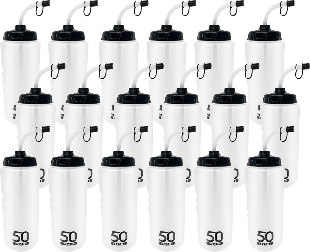 50 Strong 1 Liter Water Bottle with Straw 18-Pack Easy-Squeeze Sports Bottles with Long Straw & Built-In Finger Grip BPA-Free & Made in USA Ideal for Hockey & Team Sports