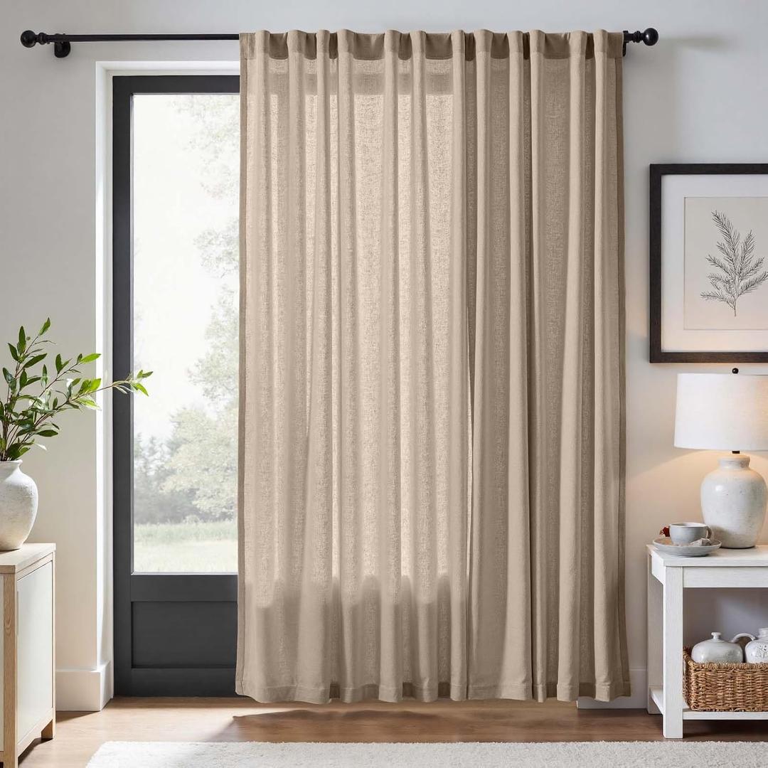 jinchan Extra Wide Sliding Door Curtain 84 Inch Length Taupe Linen Curtains Semi Sheer Drapes for Patio Door Living Room Bedroom Home Office Light Filtering Drapes 100 Inches Wide 1 Panel