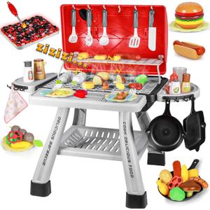 2026 Kids Kitchen Playset Toy Grill BBQ with Smoke Light Pretend Play Food Toys Cooking Set 2-Layer Barbecue Gifts for Toddler Boys Girls 3-5 6 7 (Red)