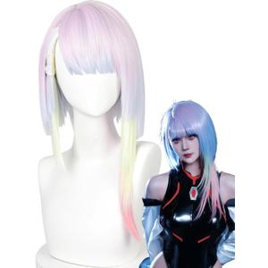 Half and Half Light Pink Purple Mixed Blue Yellow Anime Cosplay Wig 17.7'' Mid-length Rainbow Gradient Costume Wigs Synthetic Hair for Halloween Party Women
