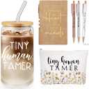 Domensi 6 Pcs Tiny Humans Tamer Teacher Appreciation Gift Christmas Thank You Gifts for Teachers Preschool Daycare Kindergarten 16oz Glass Can Cup with Straw Journal Ballpoint Pen Makeup Bag (Brown)
