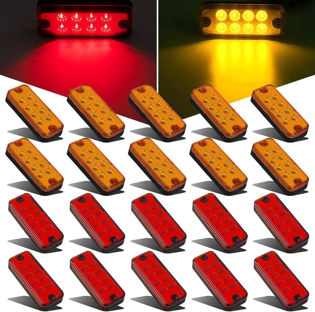 Partsam 20Pcs 4 Inch Led Rectangular Side Marker Clearance Lights, 8 LED Running Lights for Trailer Truck RV Camper Motorhome Car Truck, 12V (10 Amber + 10 Red)
