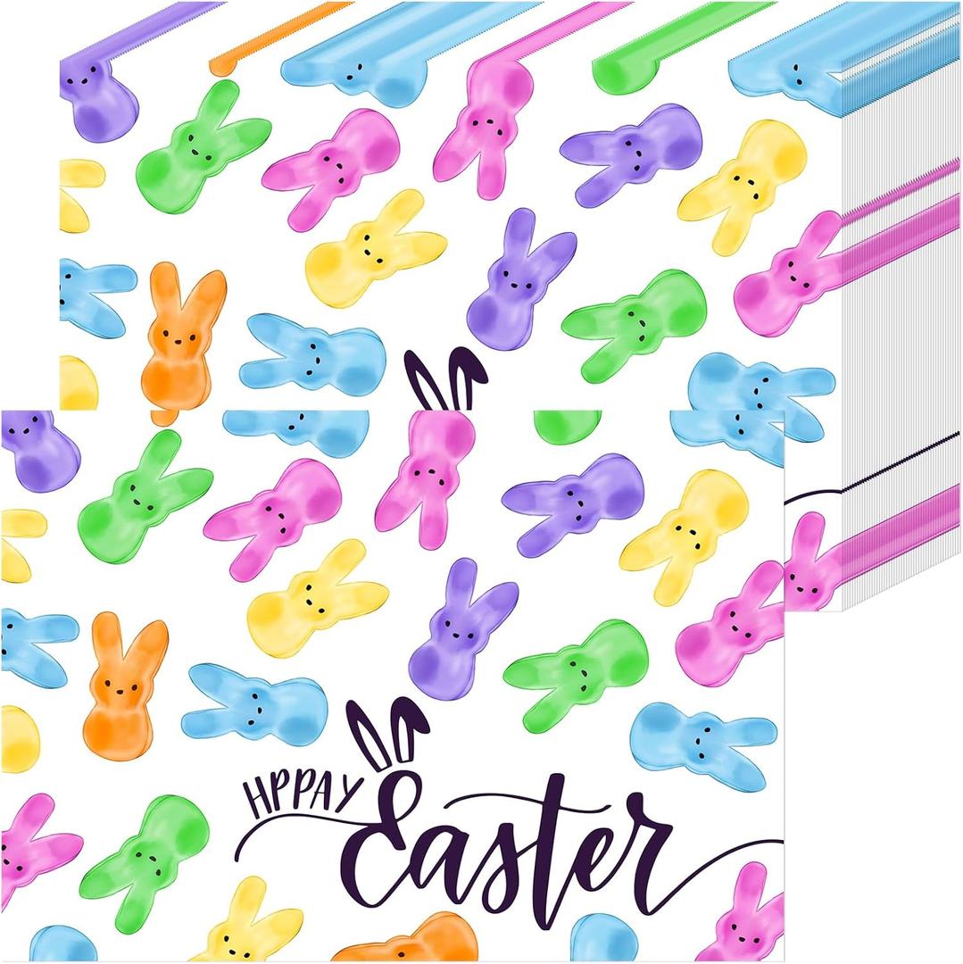 50 Pack Easter Placemats Disposable, White Paper Table Mats with Colorful Jelly Bunny Candy & Happy Easter Script, for Easter Party, Brunch, Church, Spring Home Decoration