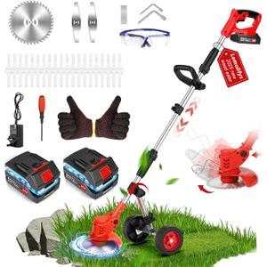 Electric Weed Wacker Cordless On Wheel, Lightweight Weed Eater Battery Powered 4000mAh 21V, 4 in 1 Lawn Edger Weed Trimmer Brush Cutter Mower, No String Grass Trimmer Wheel Yard Garden Tool