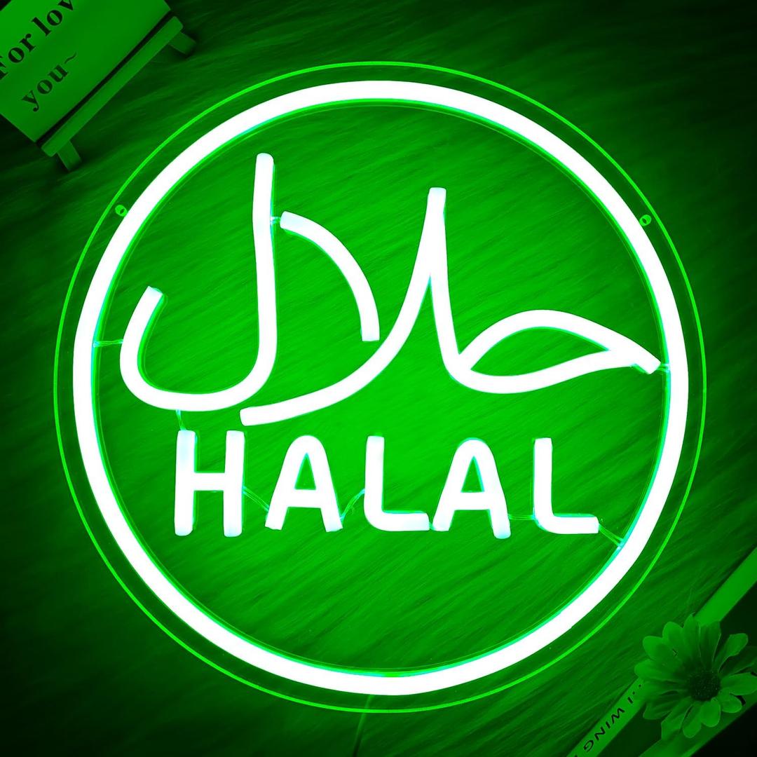 Halal Neon Signs for Wall Decor Dimmable Led Green Restaurant Neon Light Signs for Beef Chicken Candy Snack,Halal Hanging Door Sign Light