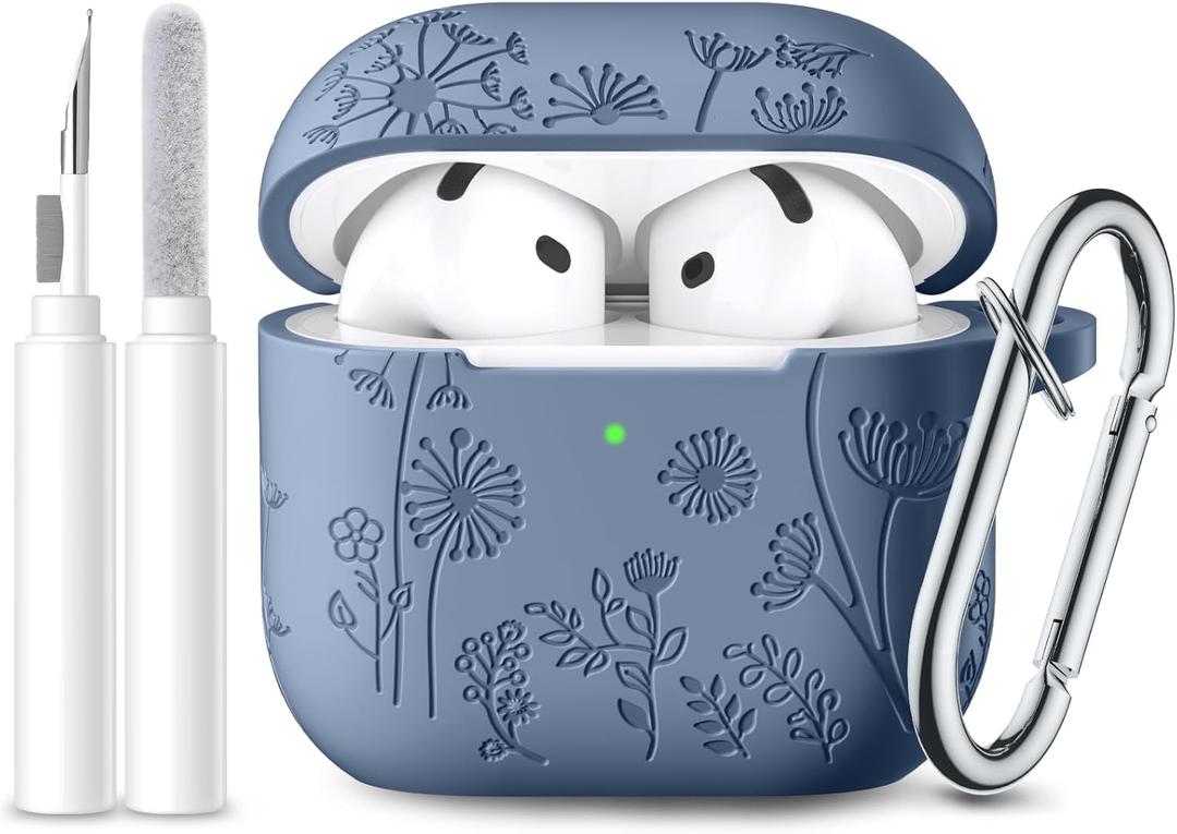 Lerobo for Airpods 4th Generation Case Cover with Cleaner Kit, Cute Flower Engraved Silicone Protective Case Cover with Keychain Compatible with Apple Airpods 4 Case 2024, Blue Gray