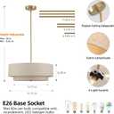 Gold Modern Chandelier 18'' Drum Pendant Light with Fabric Lampshade Hanging Light Fixture 3-Light Farmhouse Chandeliers for Dining Room Bedroom Kitchen Hallway Foyer