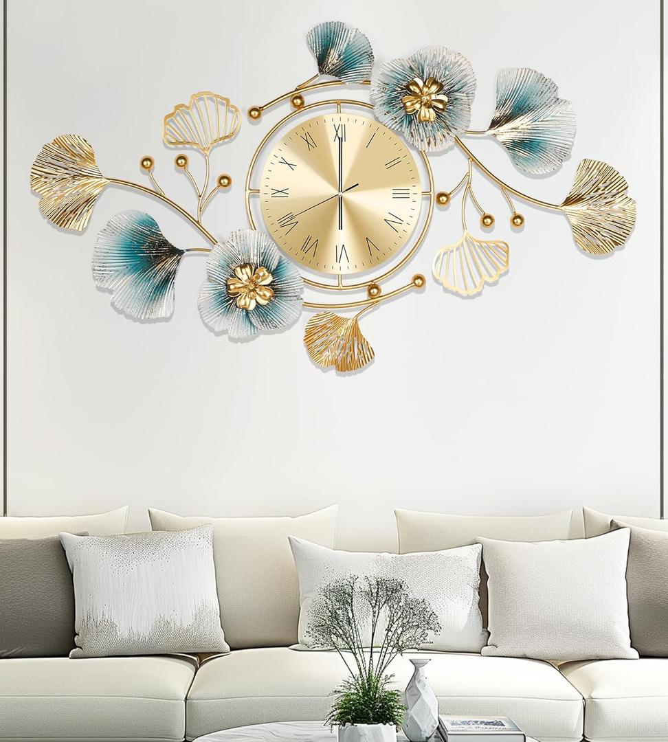 Wall Clock, Clocks for Living Room, Silent Wall Clock Decorative, 3D Retro Metal Ginkgo Leaf Design, for Office Bedroom Kitchen Clock(33''x18'') (Retro Blue - Rome)