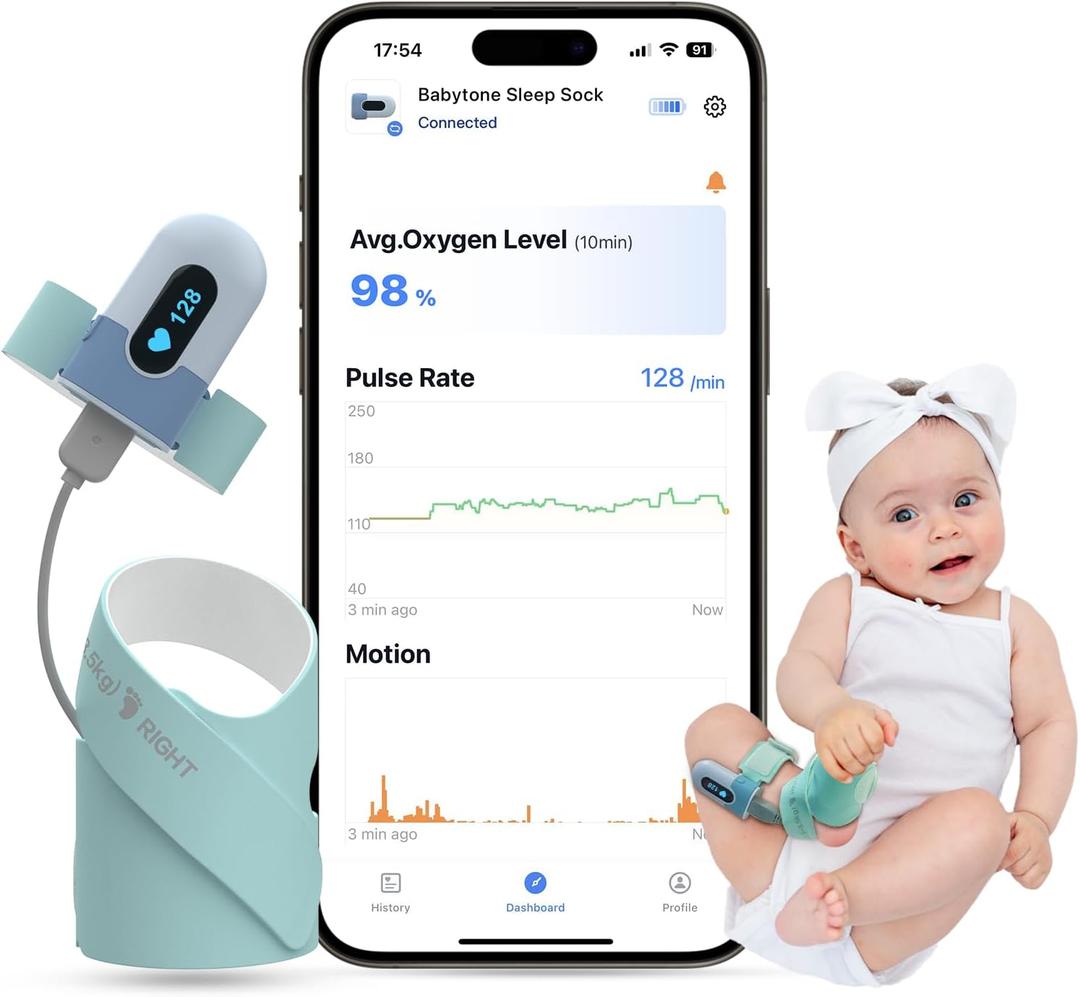 Babytone Baby Sleep Sock Monitor, Tracking Heart Rate and Movement for Infant, Wearable Foot Monitor Smart Sock with Bluetooth and APP, for 0-36 Months Newborn