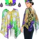 QLINLEAF Mardi Gras Shawl Scarf Costume Accessories Mardi Gras Outfit for Women Sequin Headband Poncho and Earrings Canival Party Favor