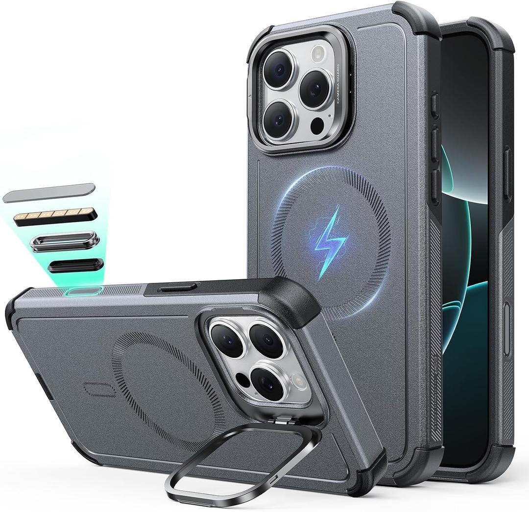 ESR for iPhone 16 Pro Max Phone Case with Stand, 23ft Military-Grade Drop Protection with Camera Control, Shock-Absorbing Rugged Cover, Compatible with MagSafe Accessories, Cyber Series, Grey
