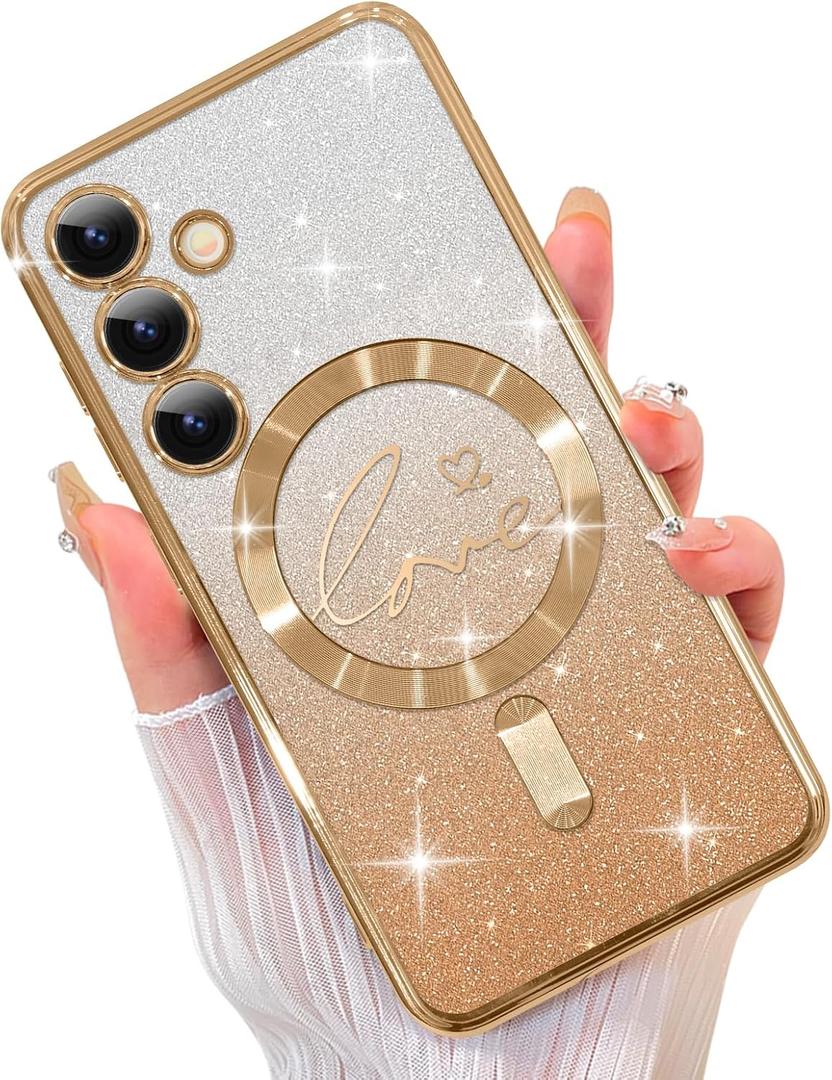 ZIYE Magnetic Case Designed for Samsung Galaxy S24 Plus Glitter Case Luxury Plating Love Heart Compatible with MagSafe Clear Case with Camera Protector Protection Shockproof Cover for Women Girls (Gold)