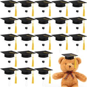 Gilprop 36 Pack 4.13 x 3.3 Inches Mini Graduation Caps Bulk with Yellow Tassel Small Animal Mini Plush Bachelor Hat Adjustable Pet Photo Props Hat with Elastic Strap for 2026 Graduation Party