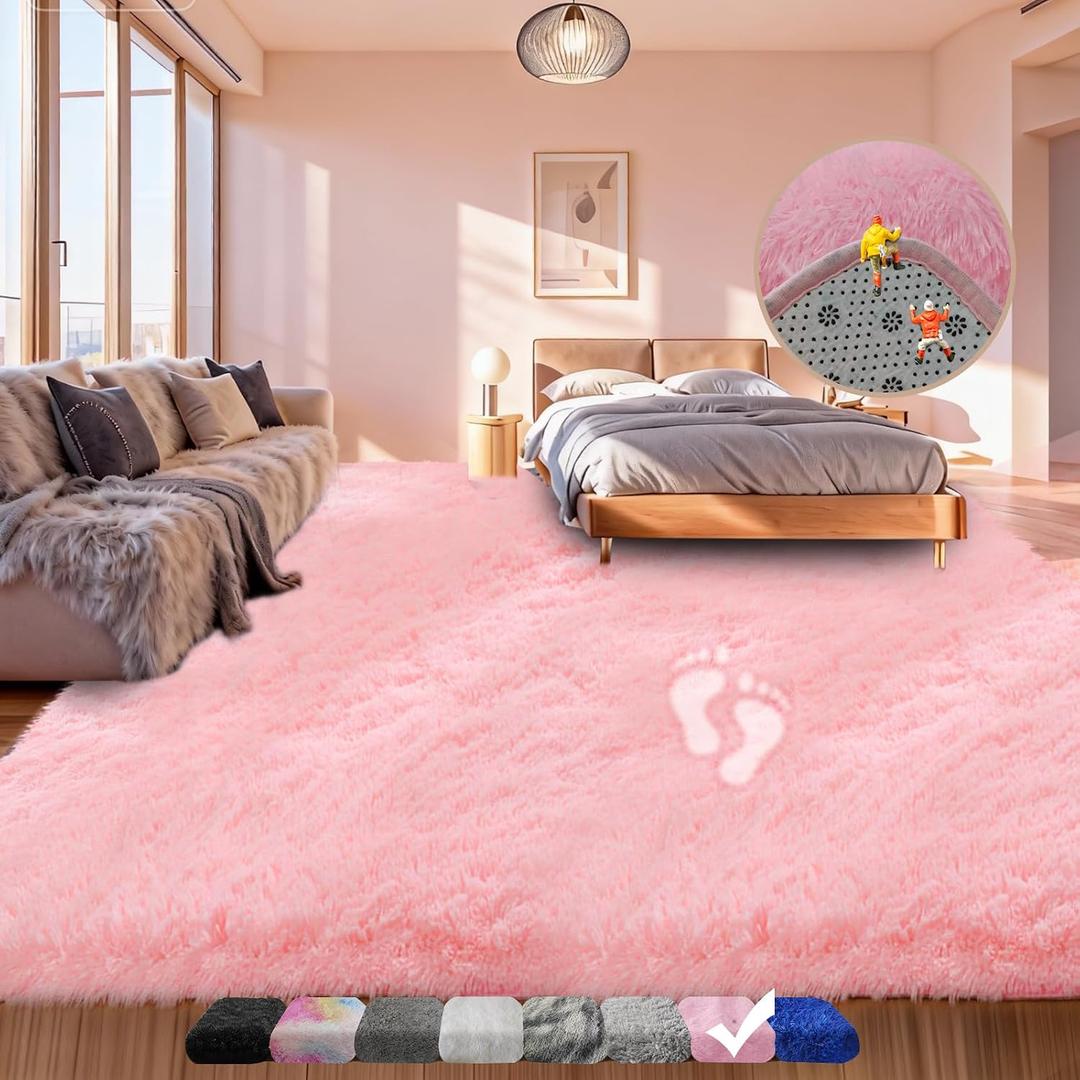 9x12 Shag Area Rugs for Living Room, Extra Large Ultra Soft Fluffy Furry Rug for Bedroom, Cute Indoor Carpet Plush Fuzzy Nursery Rugs for Kids Girls, Dorms, Nursery, Home Decor Aesthetic, Pink