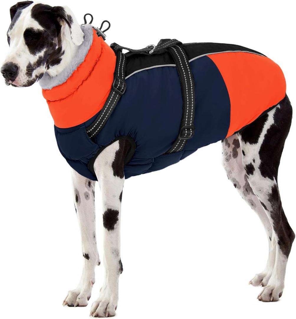 SUNFURA Dog Coat, XXXL Dog Jacket with Harness Built in, Waterproof Pet Winter Coat Snowsuit with Zip, Reflective Fleece Jacket for Extra Large Dogs, Great Dane, Blue 3XL
