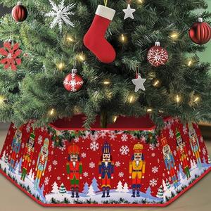Nutcracker Christmas Tree Skirt, Red Nutcracker Christmas Tree Collar for Artificial Trees, Fabric Hexagonal Xmas Trees Collar Mat Xmas Holiday Party Decorations