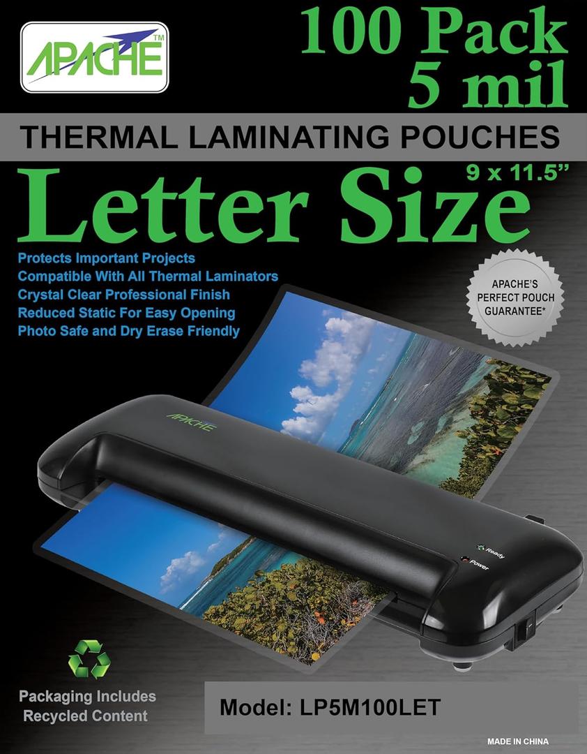 Apache Laminating Pouches 5 mil, for 8.5 x 11 inch Letter Size Paper 9 x 11.5 inch Sheets, 100 Pack